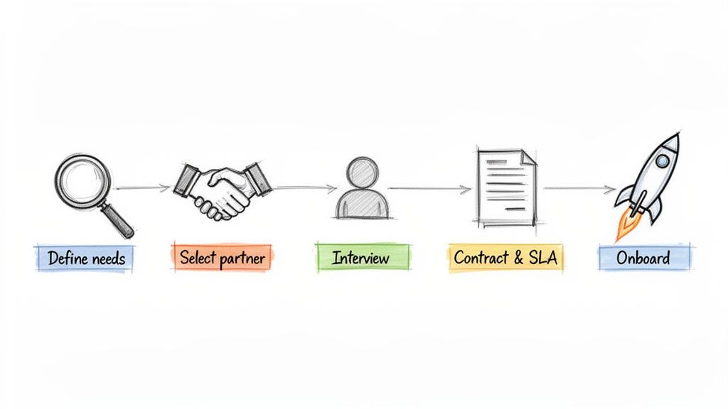 A five-step linear process for partner selection and onboarding, from defining needs to launch.