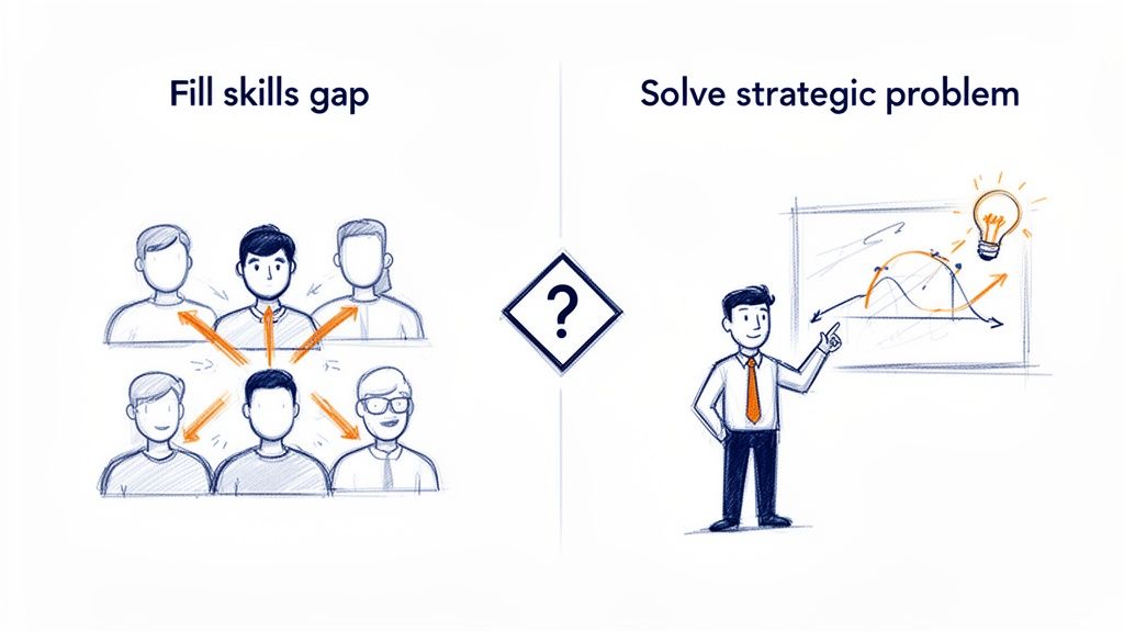 An illustration comparing filling skill gaps with internal resources versus solving strategic problems with external consulting.