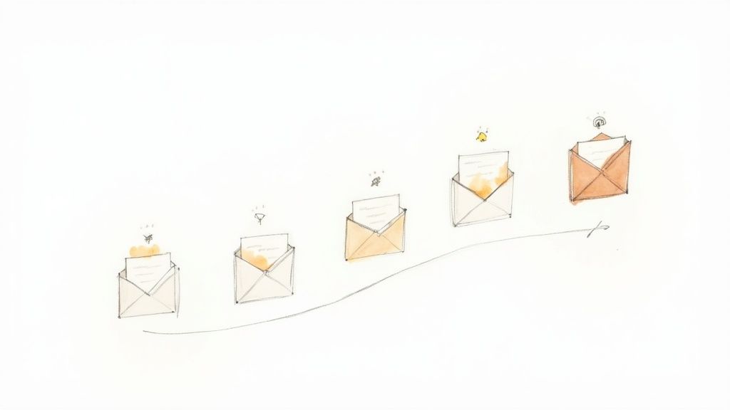 Watercolor sketch of five envelopes in progression, symbolizing an email drip campaign or message sequence.