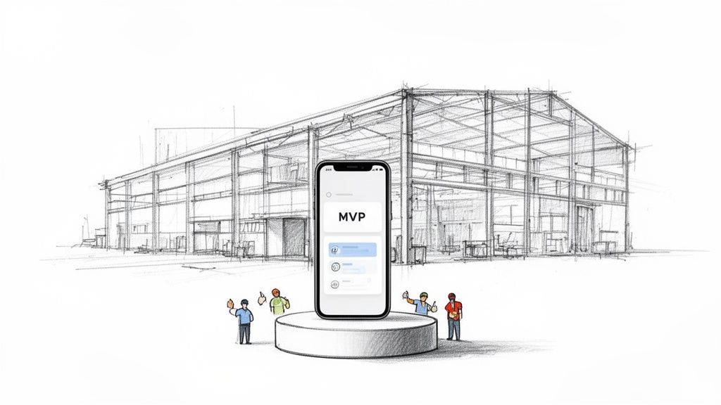 A sketch of a modern building with a smartphone displaying 'MVP' on a pedestal, surrounded by a team.