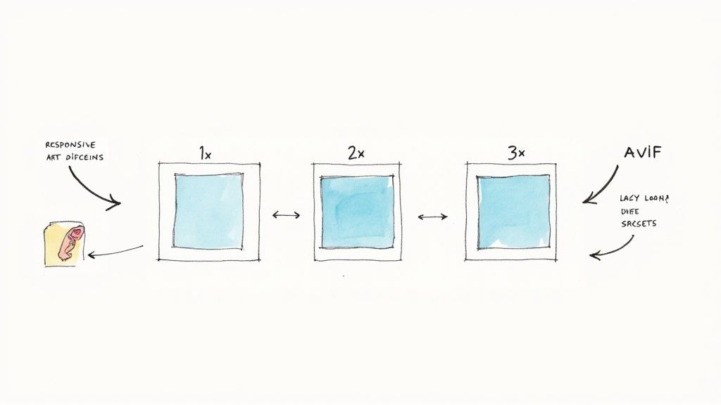 Diagram showing responsive images with 1x, 2x, 3x resolutions, art direction, lazy loading, and AVIF format.