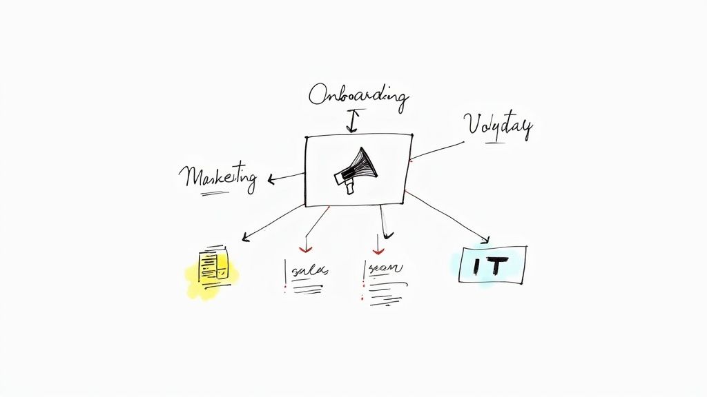 A handwritten diagram shows a central megaphone icon connected to 'Onboarding', 'Marketing', 'Vologday', 'sales', 'team', and 'IT'.