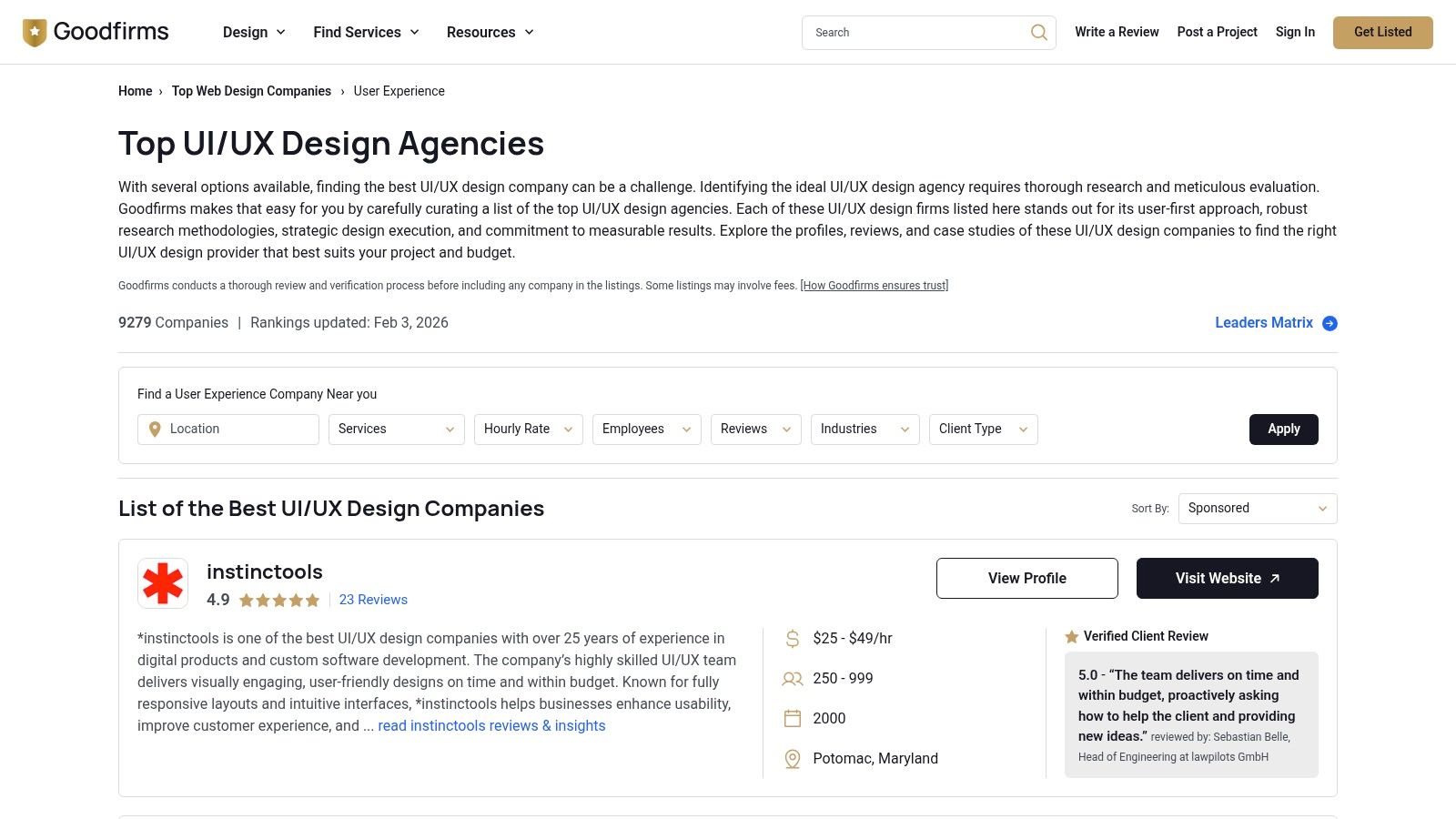 GoodFirms Leaders Matrix showing a list of top UX design companies with their ratings, hourly rates, and locations.