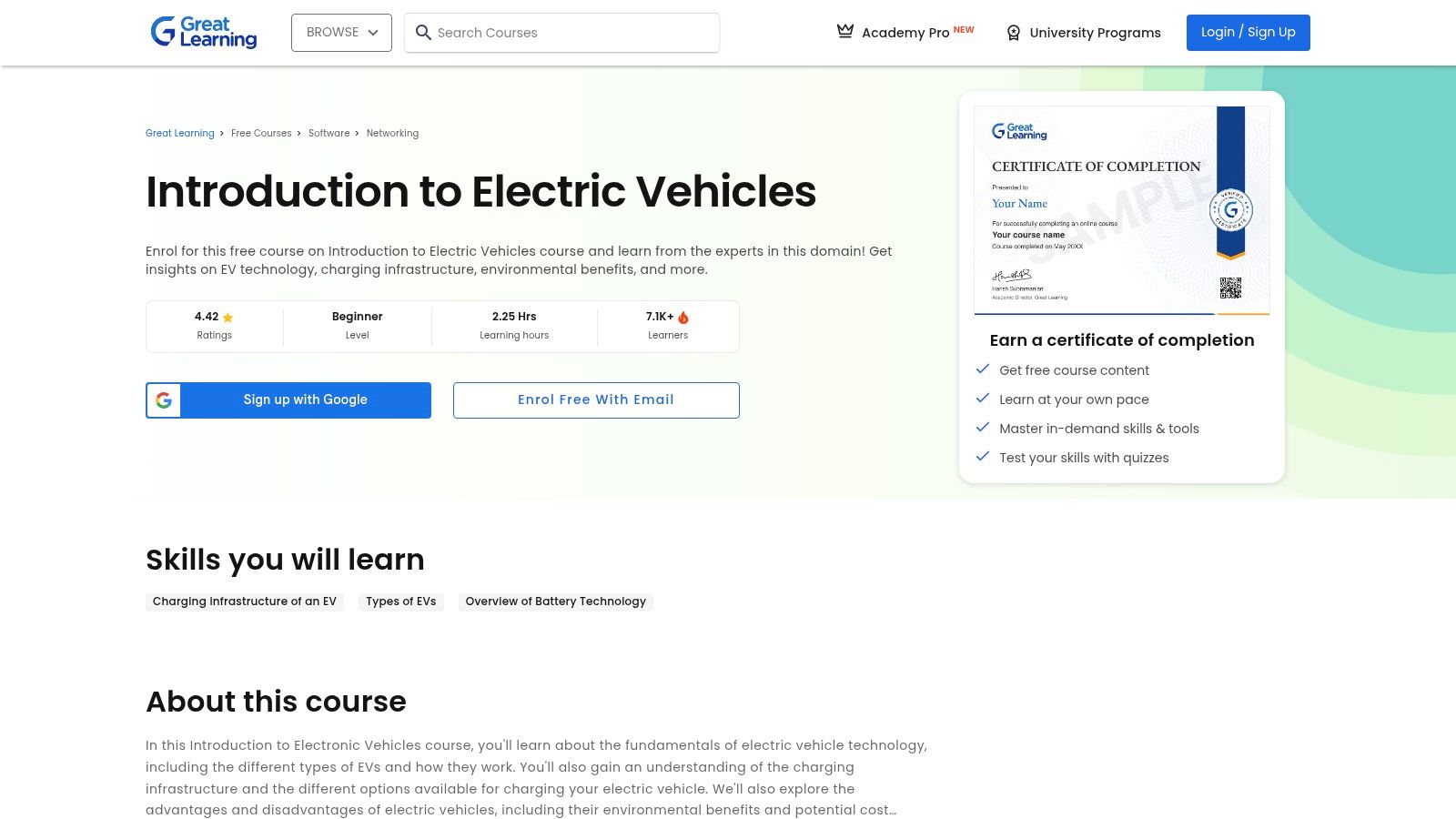Great Learning – Introduction to Electric Vehicles