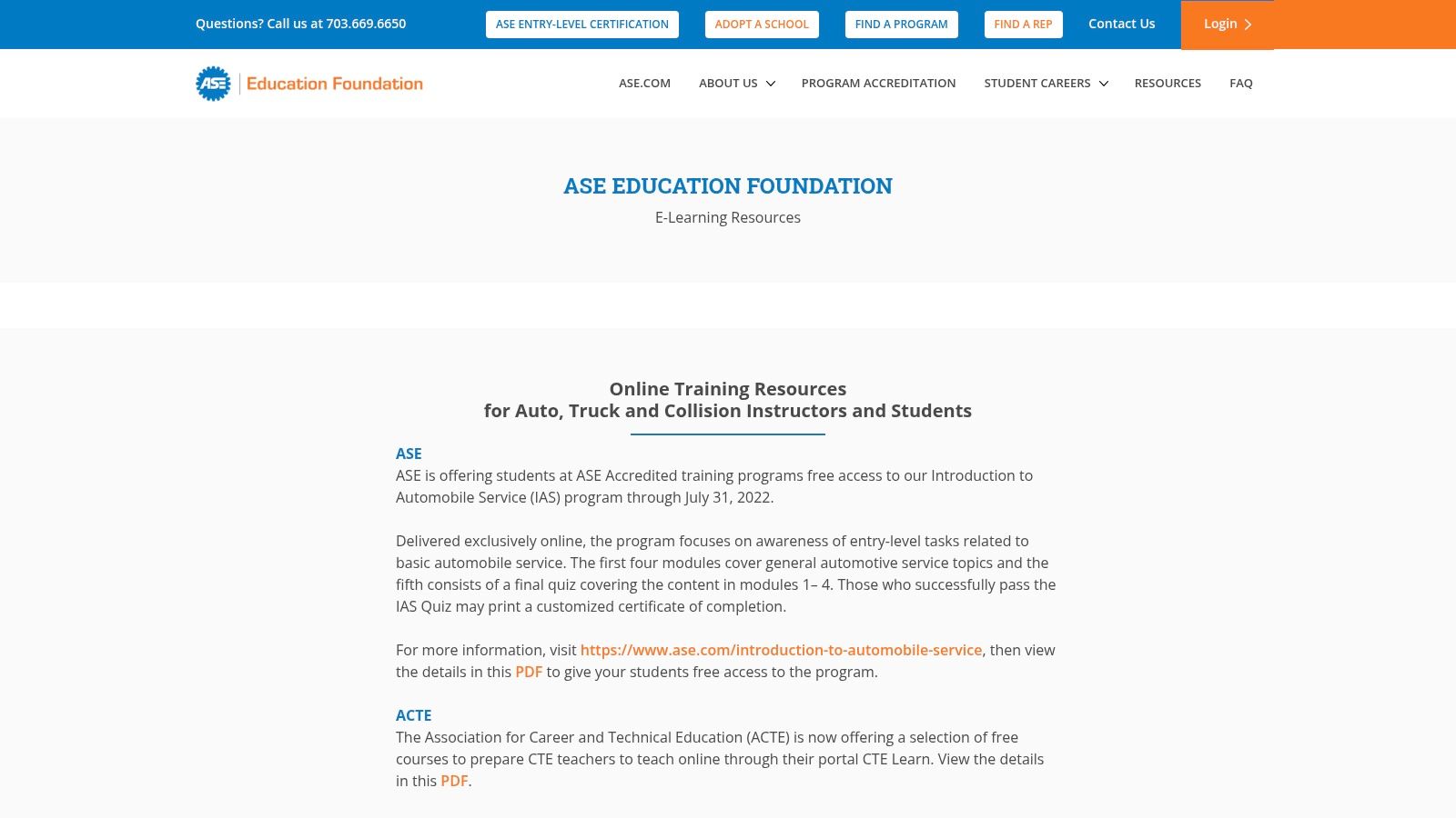ASE Education Foundation – E-Learning Resources