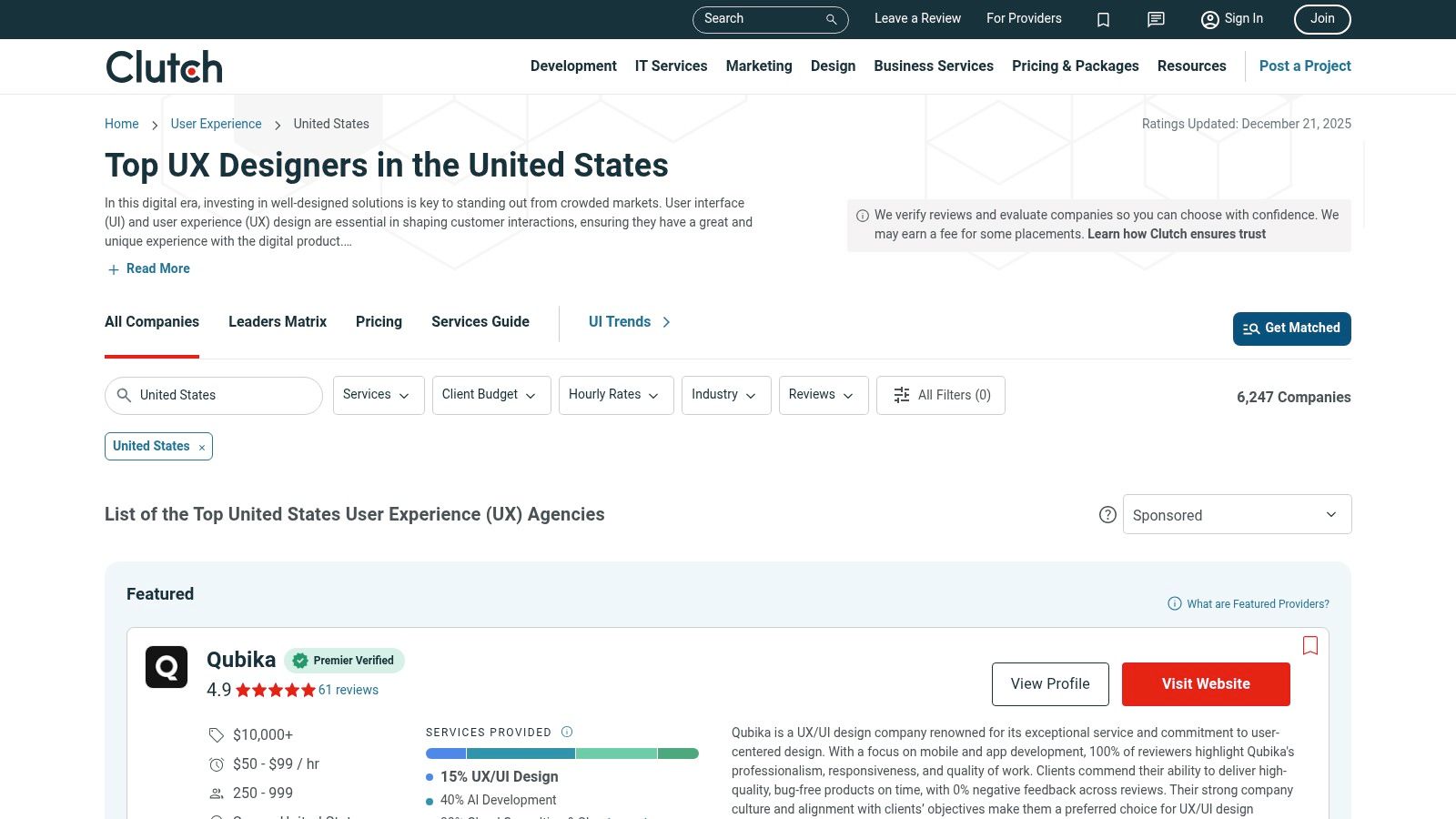 A screenshot of the Clutch website, showing a list of top UI/UX design agencies with filtering options on the side.