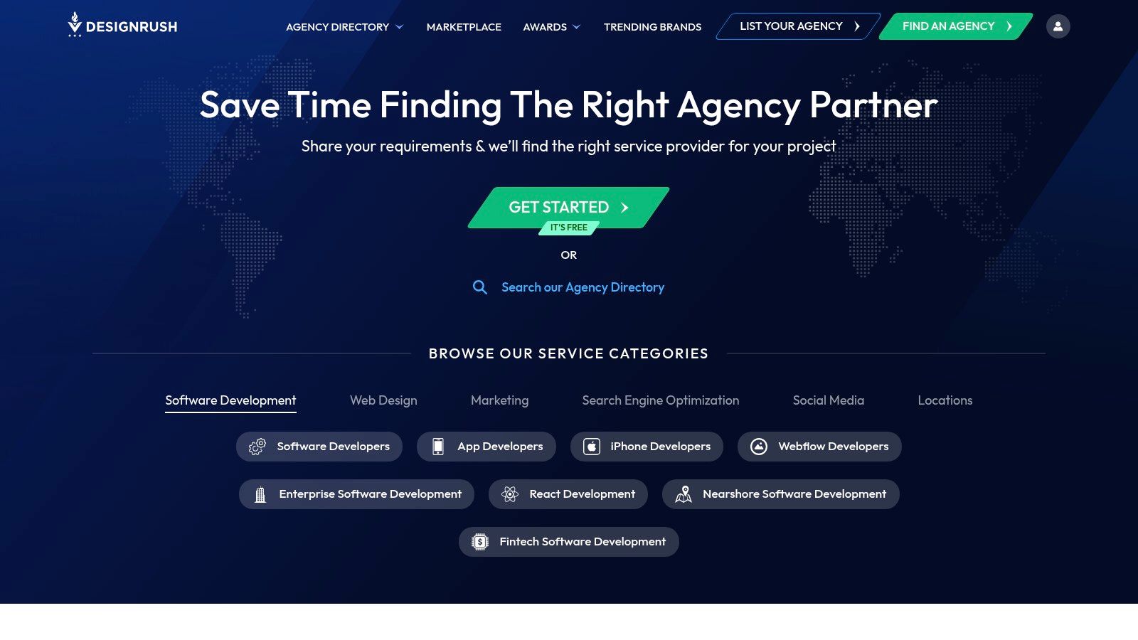 DesignRush user interface showing agency listings with filters for services, budget, and location