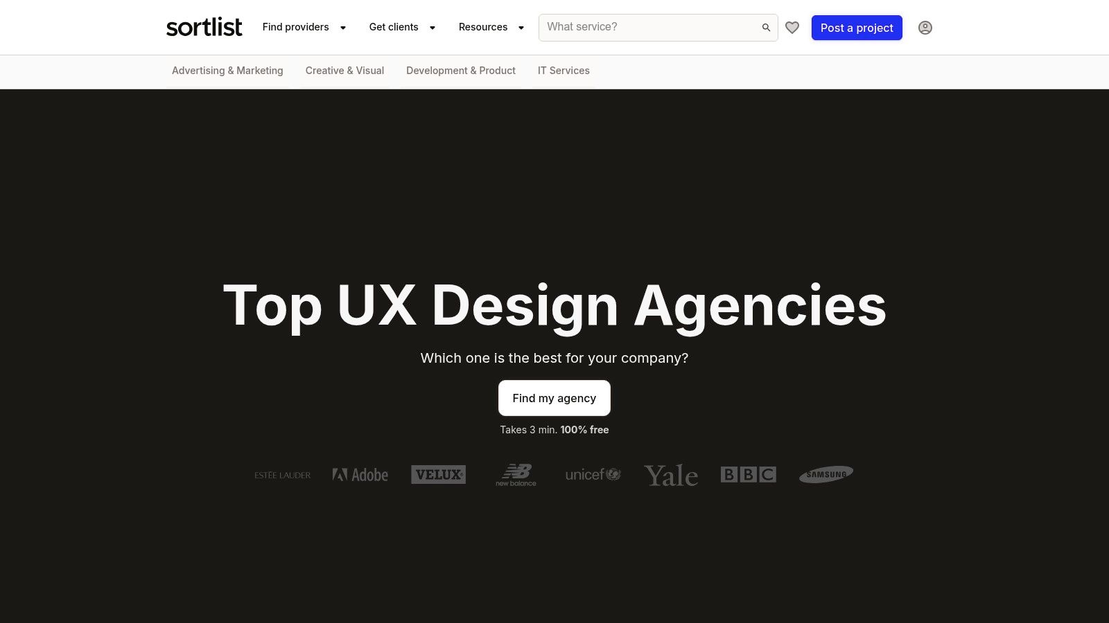 Sortlist user interface showing agency profiles and project matching features.