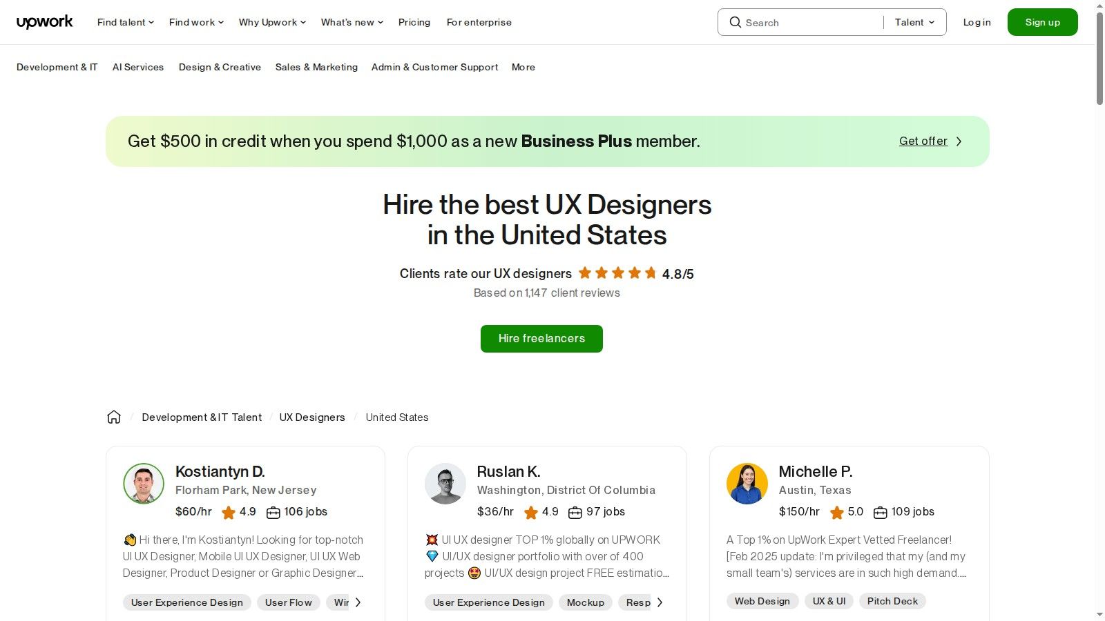 A screenshot of the Upwork platform, showing profiles of various UI/UX designers with their rates, ratings, and specialties.