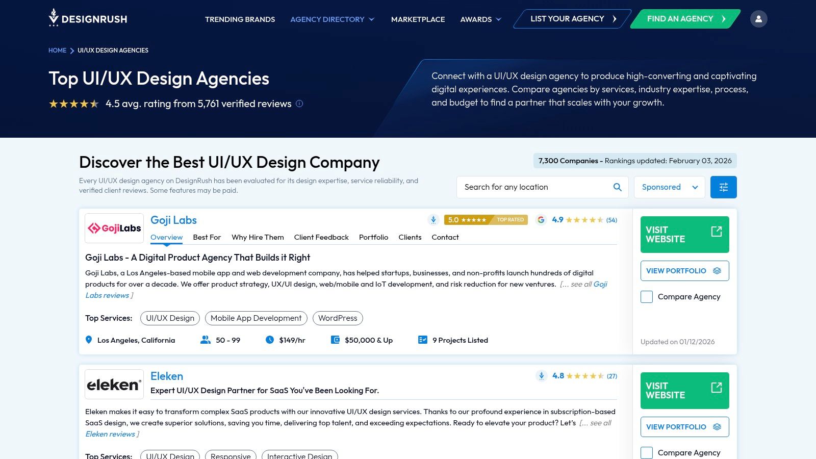 DesignRush agency listings showing filters for budget, location, and team size.
