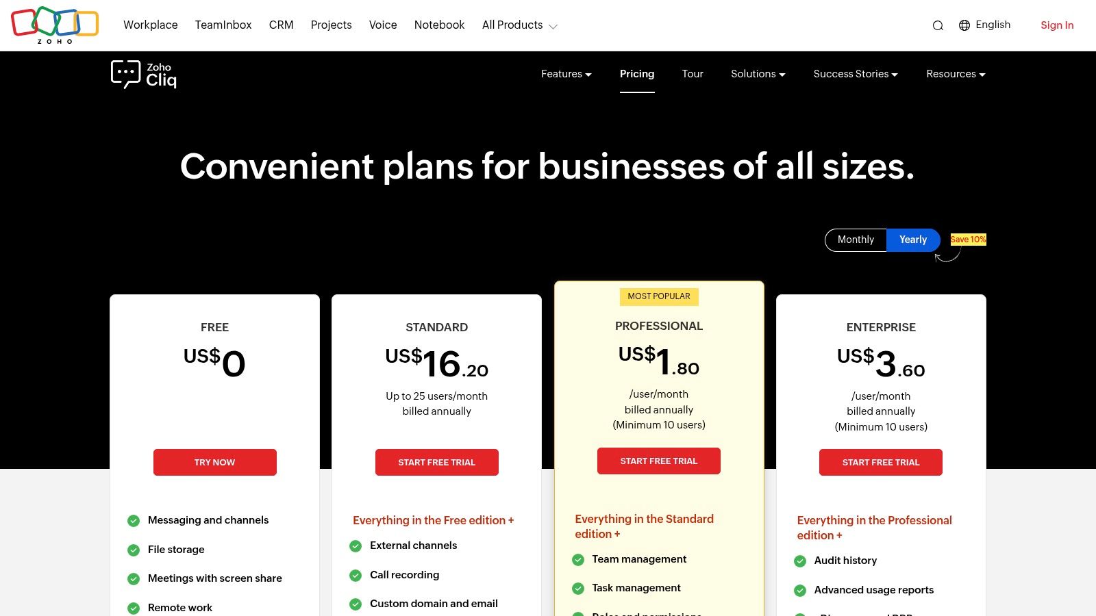 Zoho Cliq pricing plans
