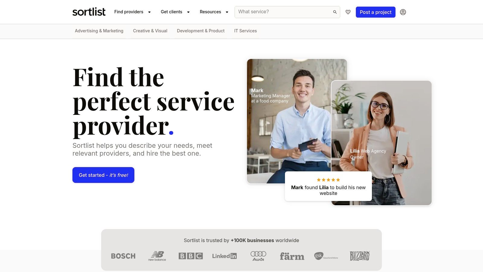 A screenshot of the Sortlist website showing how a business can post a project to find an agency, with fields for service type, budget, and project description.