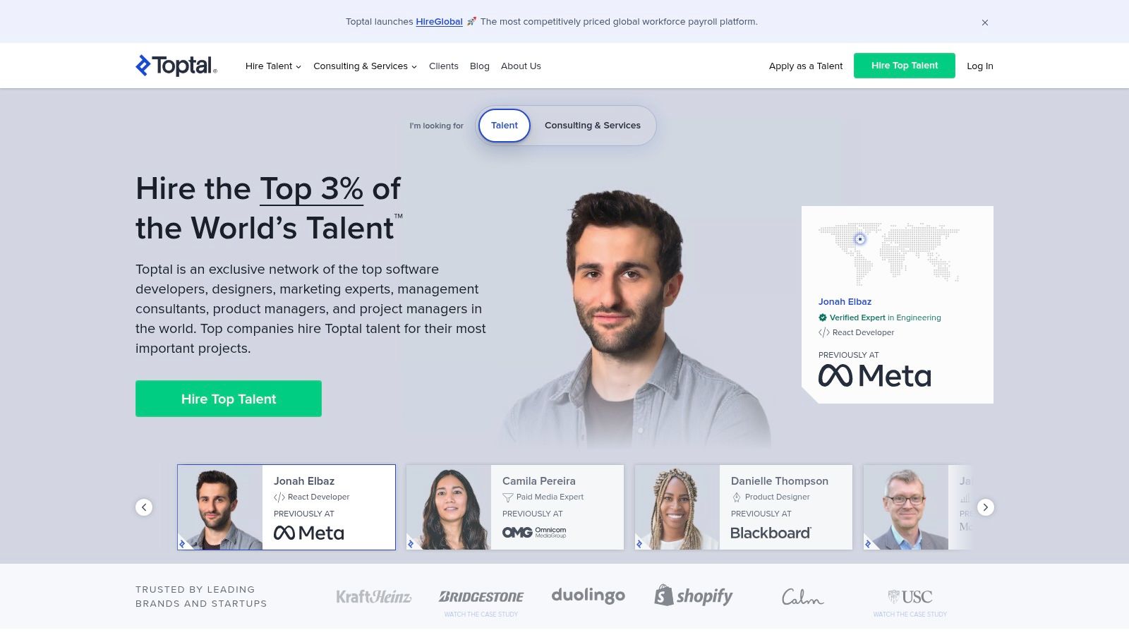Toptal talent marketplace showing developer profiles and skills