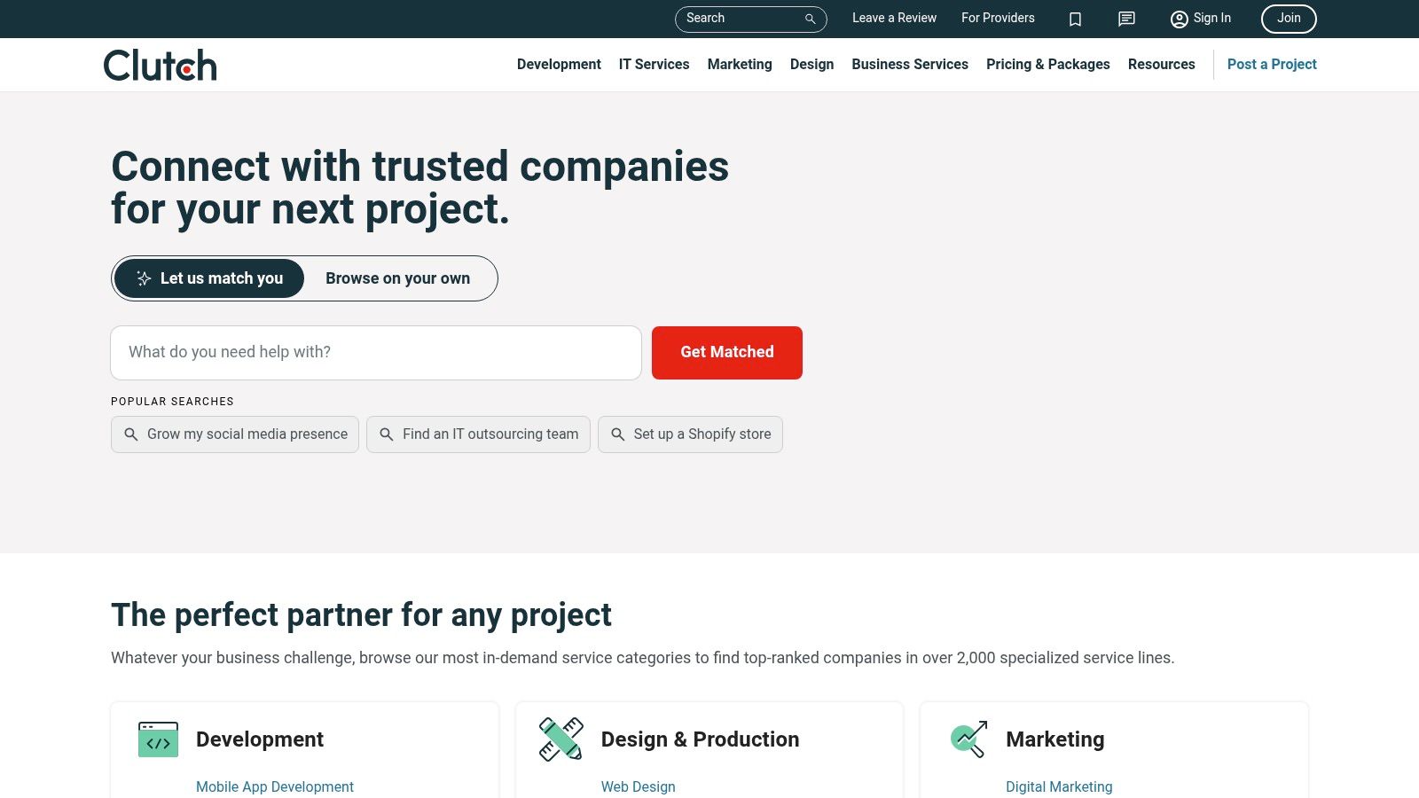 A screenshot of the Clutch website showing a search for digital marketing agencies, with filters for location, budget, and services visible.