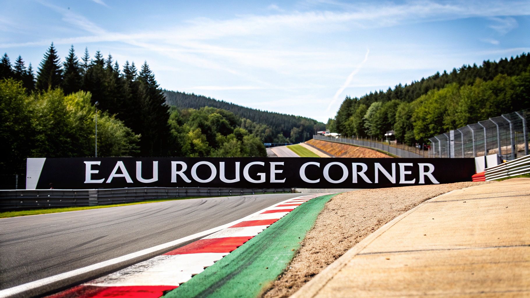 Vista de baixo para cima da famosa Curva Eau Rouge em um autódromo, cercada por exuberantes florestas verdes.