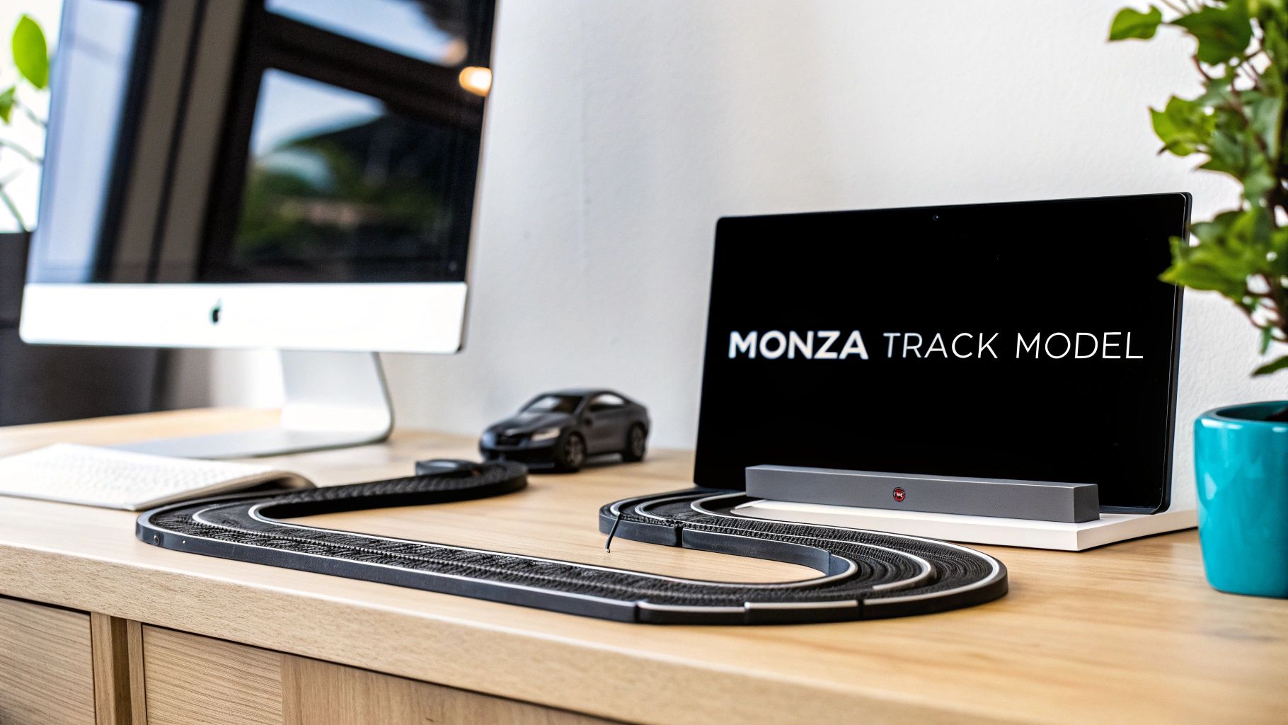 Uma maquete detalhada do circuito de Monza sobre uma mesa de madeira, com um computador e um laptop.