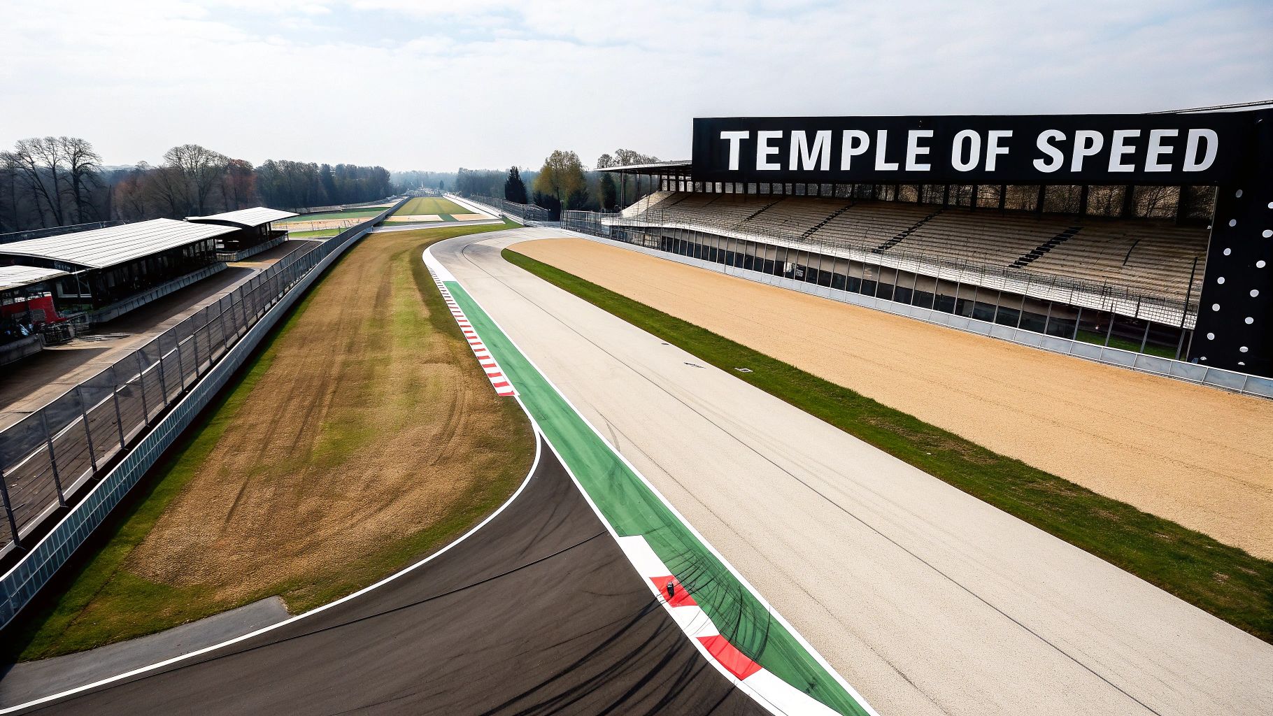 Vista aérea do icônico circuito de Monza, um "Templo da Velocidade", com arquibancadas e uma longa reta.