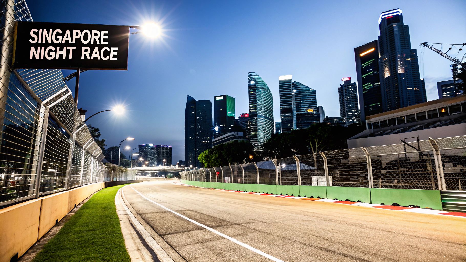 O circuito noturno de Fórmula 1 de Singapura iluminado, com arranha-céus modernos e um letreiro luminoso ao fundo.