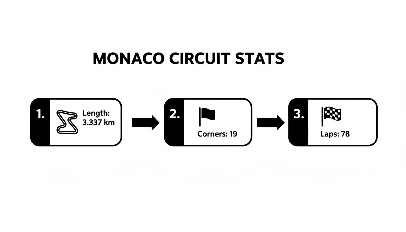Infográfico com as estatísticas do Circuito de Mônaco, mostrando o comprimento da pista: 3,337 km, 19 curvas e 78 voltas.