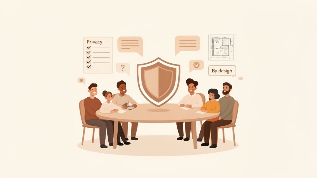 A diverse group of people discussing privacy and security around a table with a shield icon and checklists.
