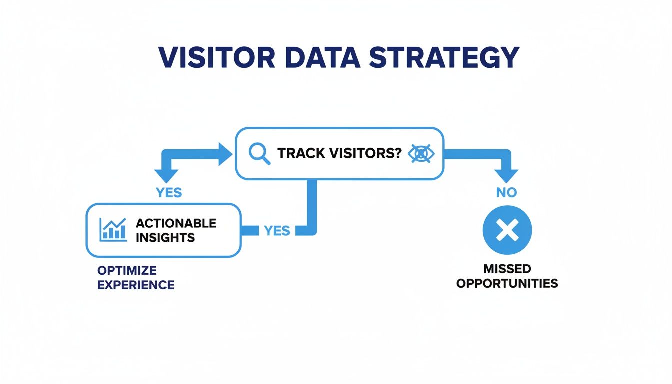 Flowchart explaining visitor data strategy: tracking visitors brings actionable insights and optimized experience, avoiding missed opportunities.