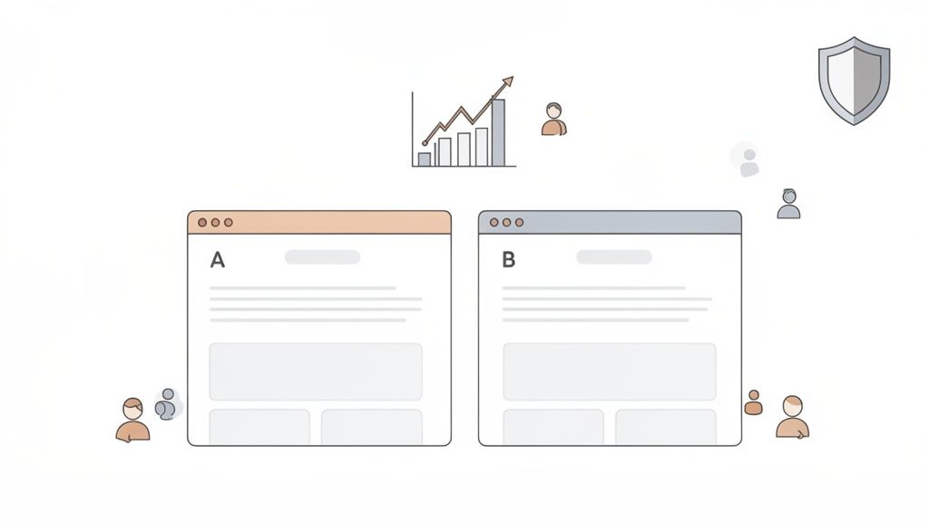 Illustration showing A/B testing of landing pages with user traffic, performance metrics, and security.