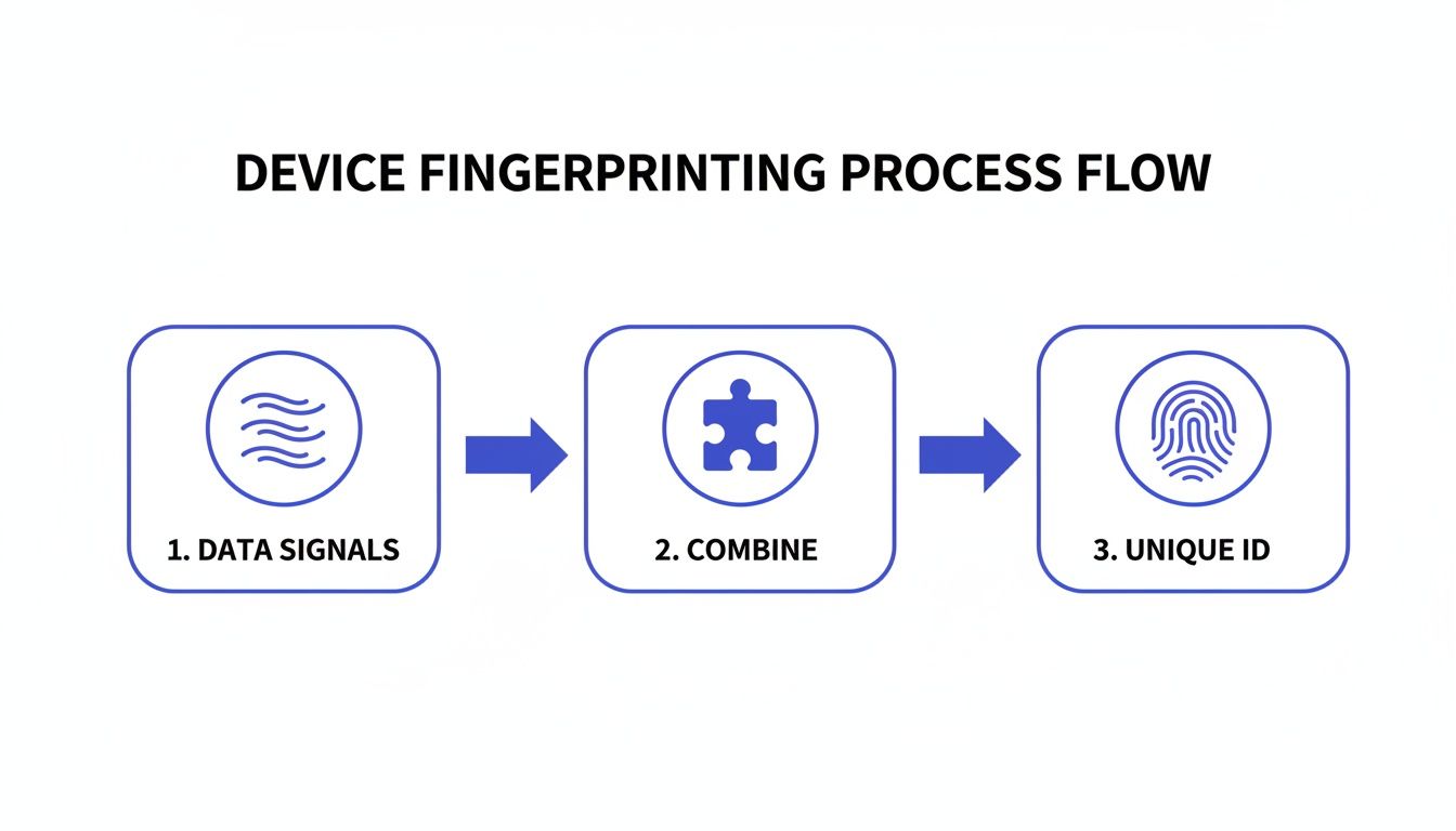 A diagram illustrating the device fingerprinting process flow: data signals, combine, and unique ID.