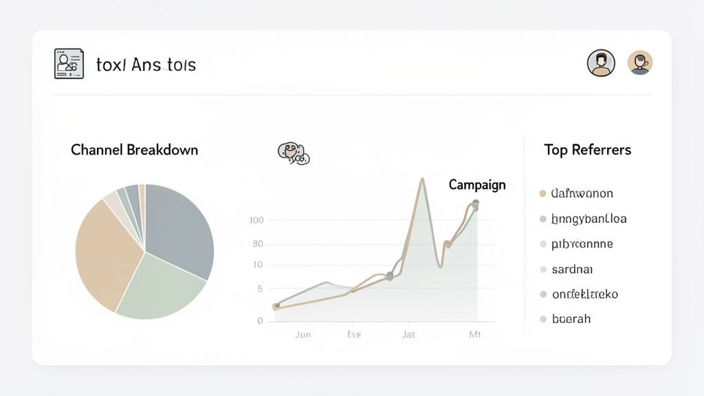 A website analytics dashboard showing channel breakdown, campaign performance, and top referrers.