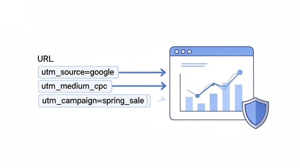 Diagram showing URL UTM parameters (source, medium, campaign) leading to analytics data and a security shield.