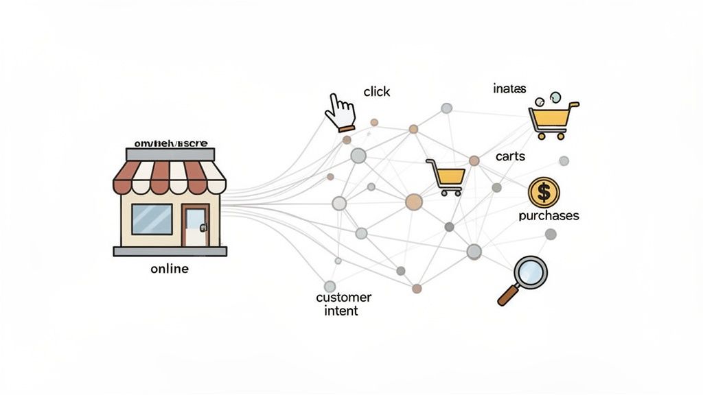 A network diagram showing an online store connected to e-commerce data points: clicks, carts, purchases.
