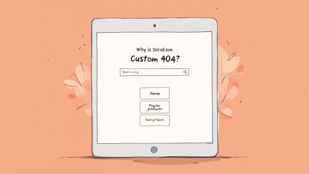 A digital illustration of a tablet displaying a custom 404 error page with search and navigation buttons.