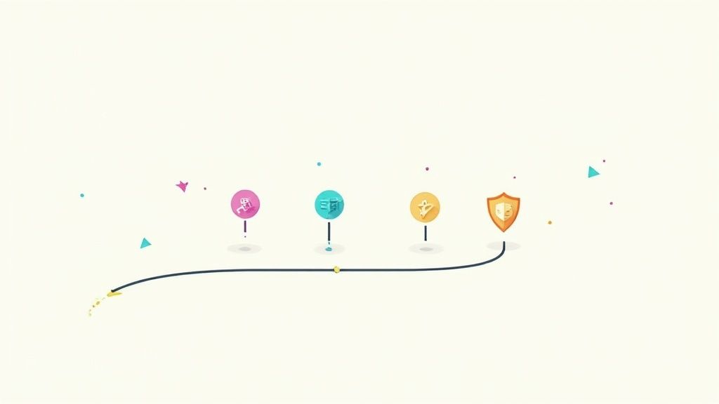 A visual representation of a digital roadmap with various stages and milestones, symbolizing the process of setting up a private analytics server.