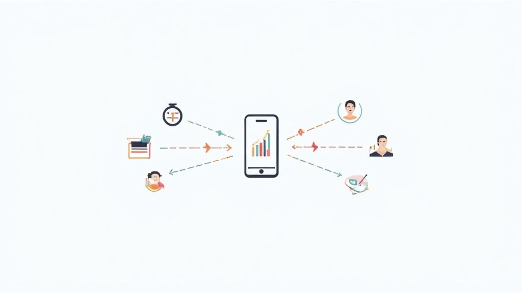 A diverse team collaborates around a table, pointing at charts and data visualizations on a tablet screen.