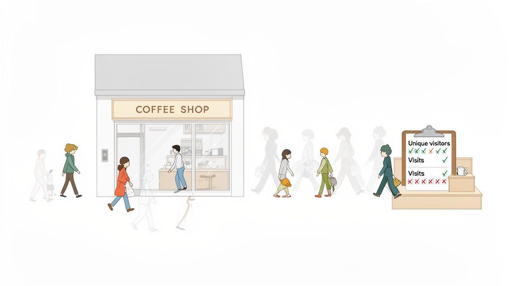 Illustration of a coffee shop with people walking by and a clipboard tracking unique visitors and total visits.