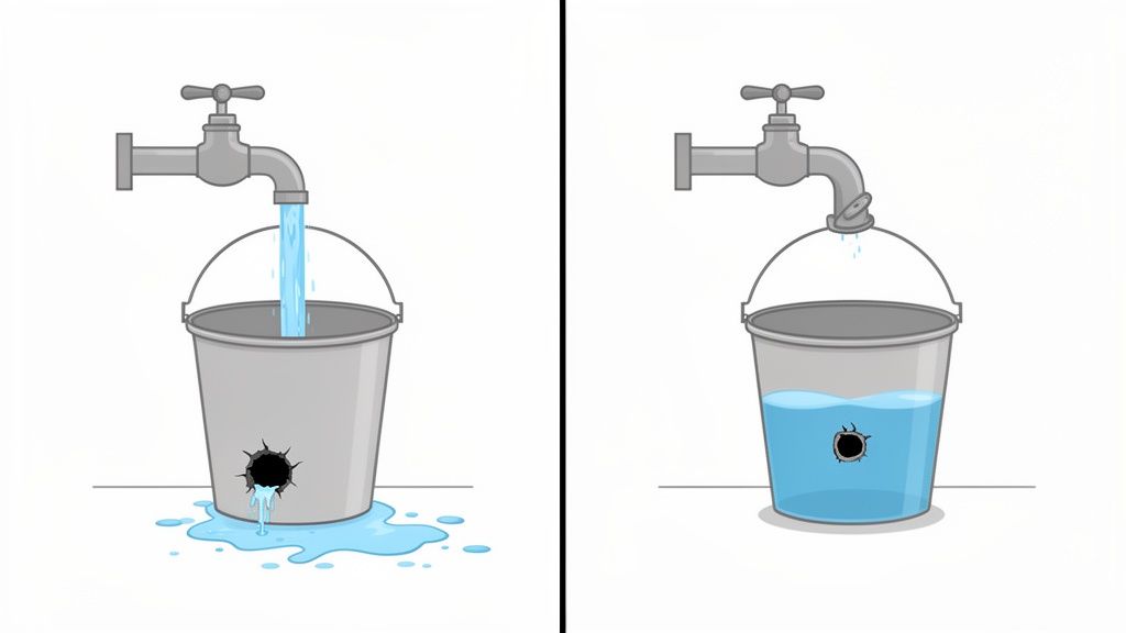 Two illustrations contrasting a leaky bucket: one overflowing, the other partially filled with no leak.