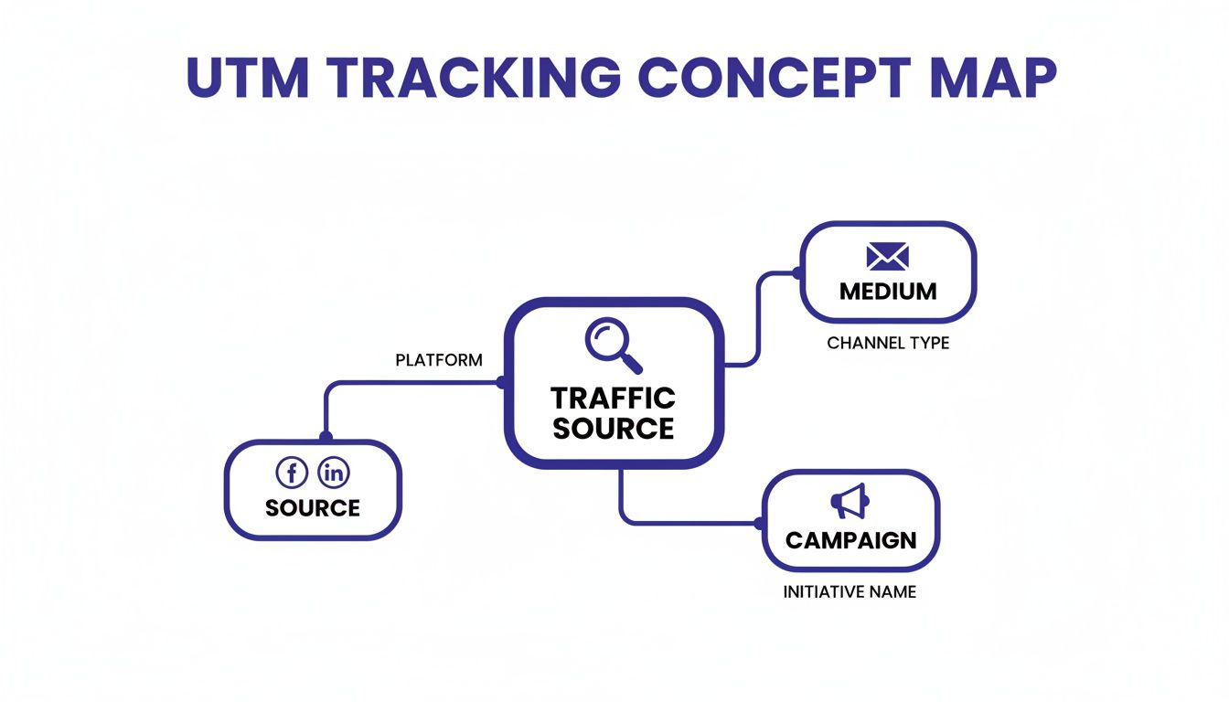 UTM tracking concept map illustrating parameters like traffic source, medium, source, and campaign.