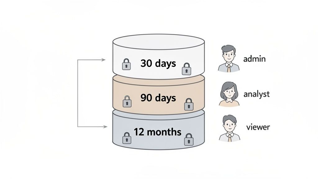 Illustration of data retention policy, showing tiers by time (30, 90 days, 12 months) and user access roles.