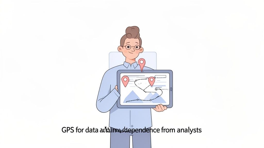A cartoon person holds a tablet showing a map with GPS pins and a data graph, illustrating self-service analytics.