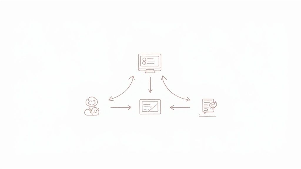 Workflow diagram illustrating interaction between a user, data on a tablet, a computer monitor, and generated reports.