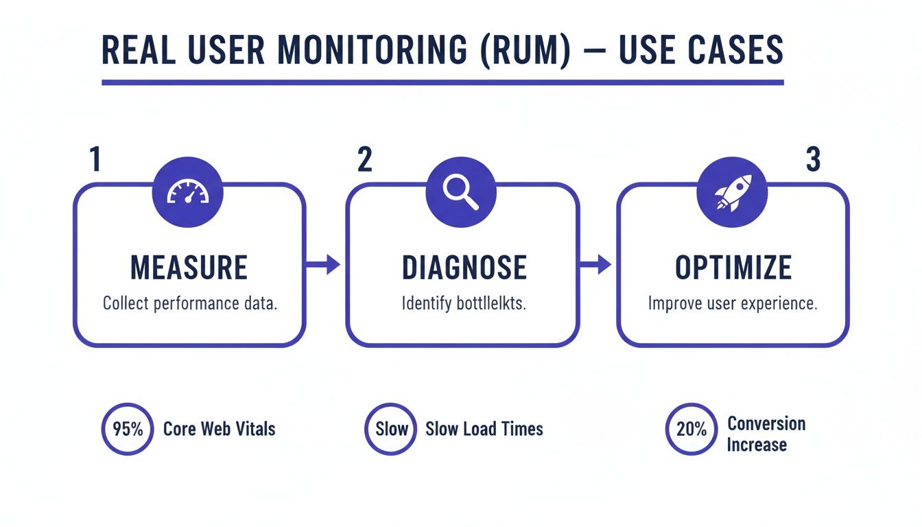 Real User Monitoring (RUM) use cases diagram: Measure performance, Diagnose bottlenecks, Optimize user experience with metrics.