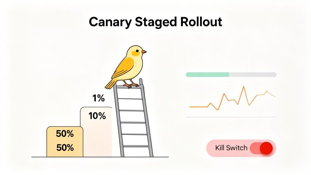 A canary bird on a ladder illustrates a staged rollout with percentages, a graph, and a kill switch.