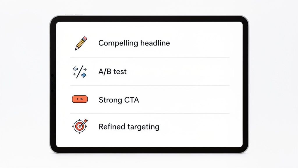 A tablet screen displaying a list of marketing optimization strategies, including compelling headlines, A/B testing, strong CTAs, and refined targeting.