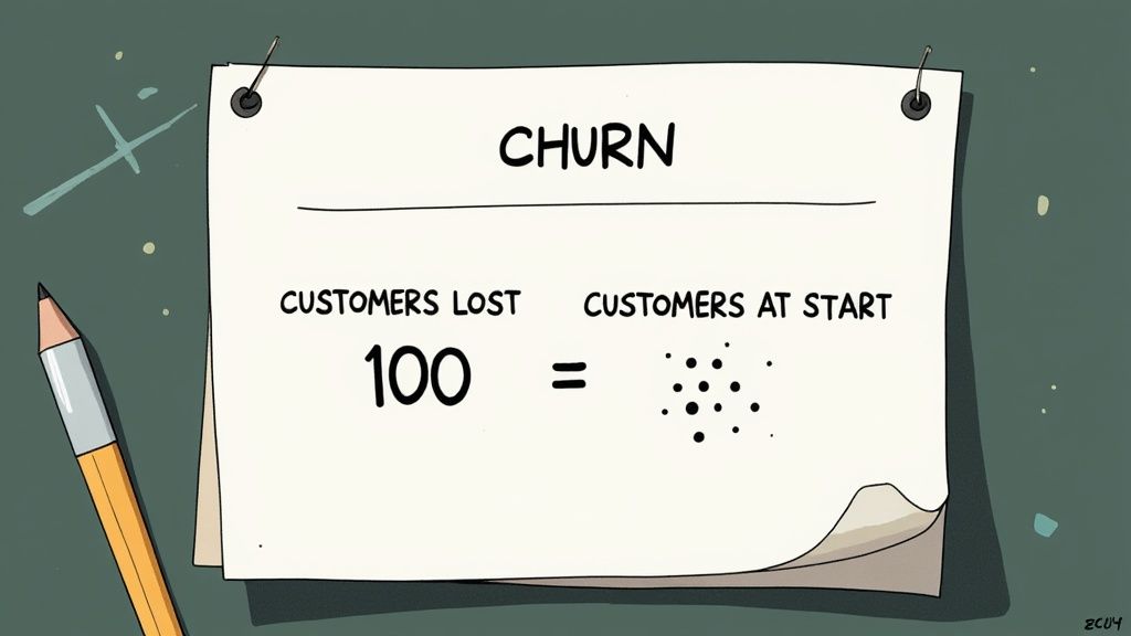 A simple, clean graphic showing the churn rate formula with icons representing lost customers and total customers.