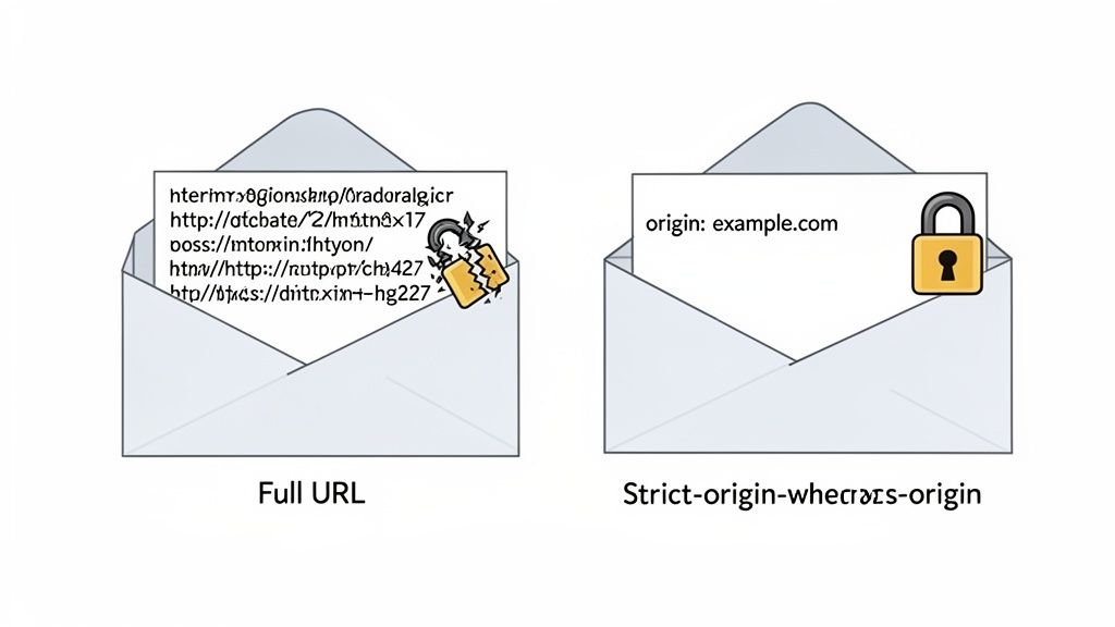 Two envelopes comparing full URL (broken lock) with strict-origin policy (secure lock).