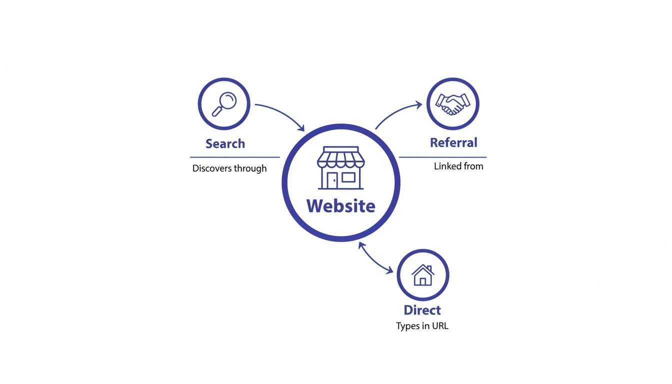 Diagram illustrating three main website traffic sources: Search, Referral, and Direct methods.