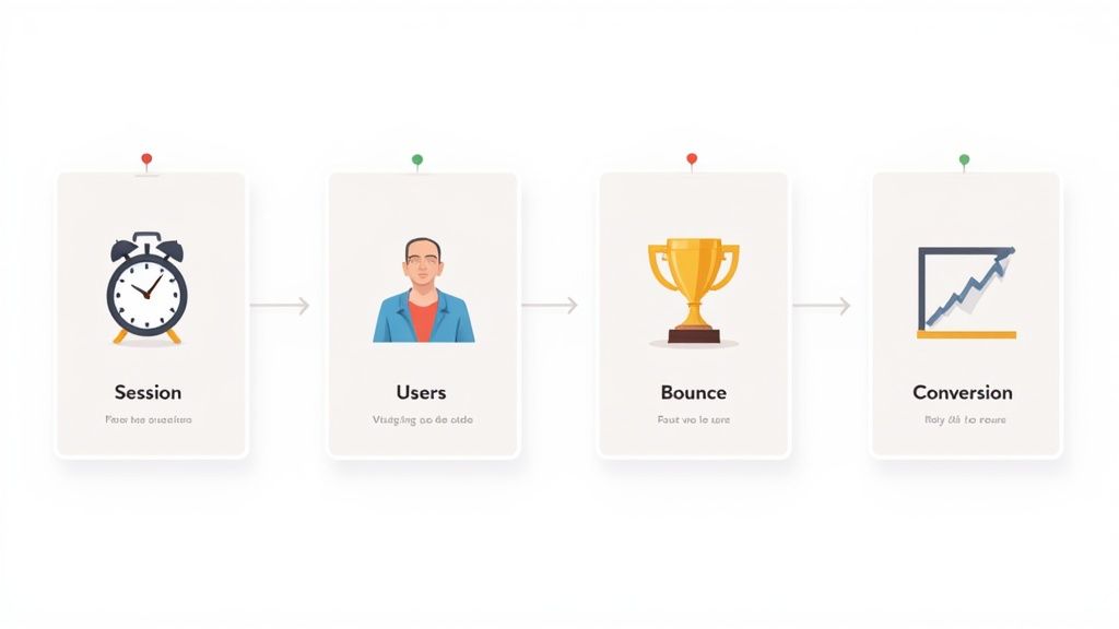 Infographic illustrating a web analytics funnel with steps: Session, Users, Bounce, and Conversion.