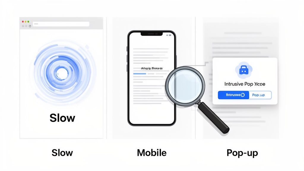 Visualizing website issues: slow loading, mobile experience, and an intrusive pop-up dialog.