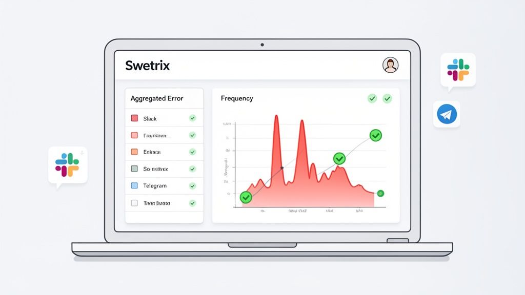 Laptop displaying a Swetrix error monitoring dashboard with aggregated errors and frequency graph, alongside Slack and Telegram icons.