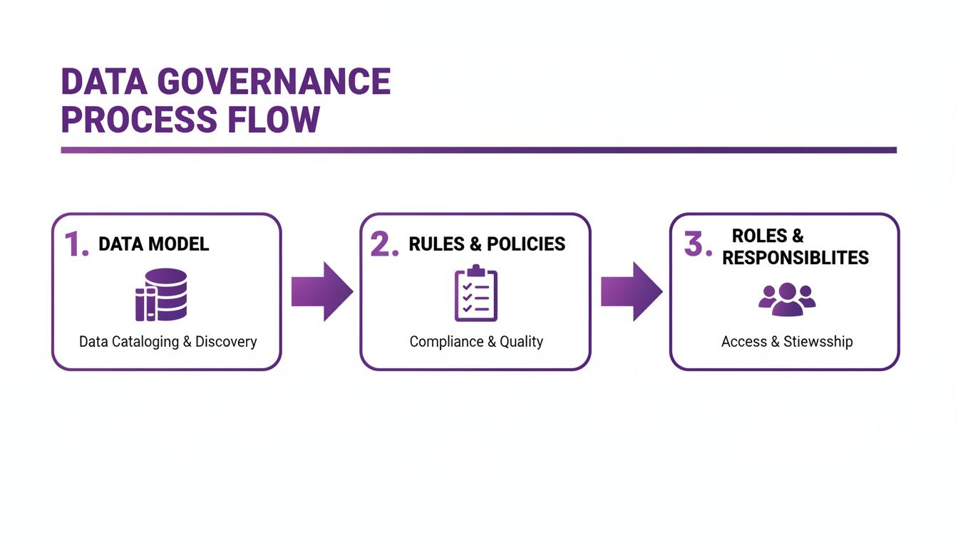 A data governance process flow diagram illustrating Data Model, Rules & Policies, and Roles & Responsibilities.