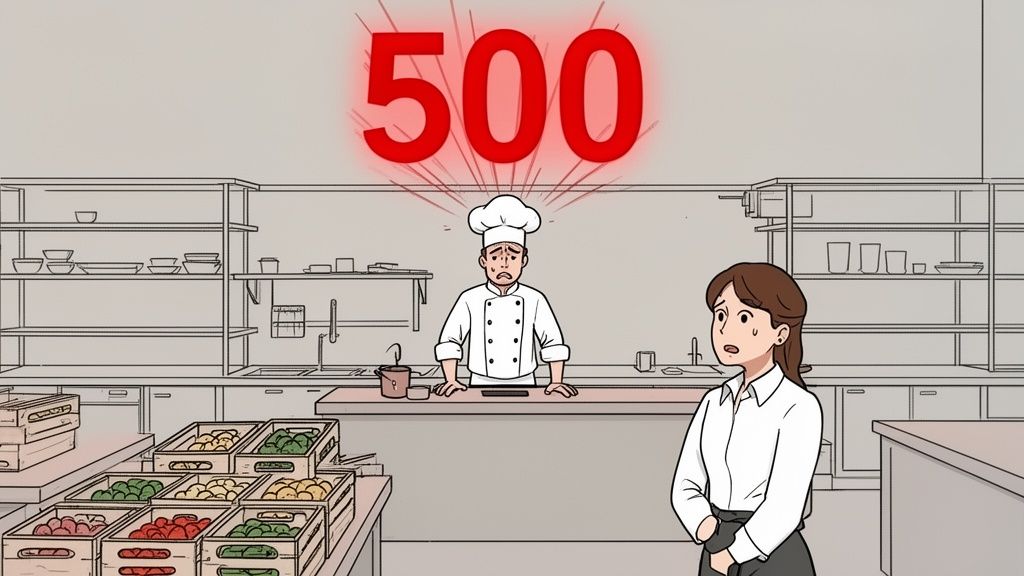A distressed chef and a woman in a kitchen, with a glowing red '500' above the chef, indicating a critical error.